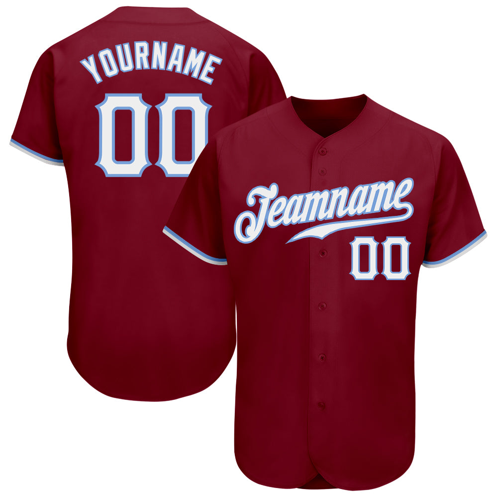 Personalized Baseball Jersey in Crimson and Light Blue - Custom Team Apparel Personalized Crimson White-Light Blue Baseball