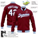Custom Name & Number Crimson White-Light Blue Varsity Letterman Bomber Jacket - Personalized Full-Snap Style Personalized