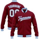 Custom Name & Number Crimson White-Light Blue Varsity Letterman Bomber Jacket - Personalized Full-Snap Style Personalized
