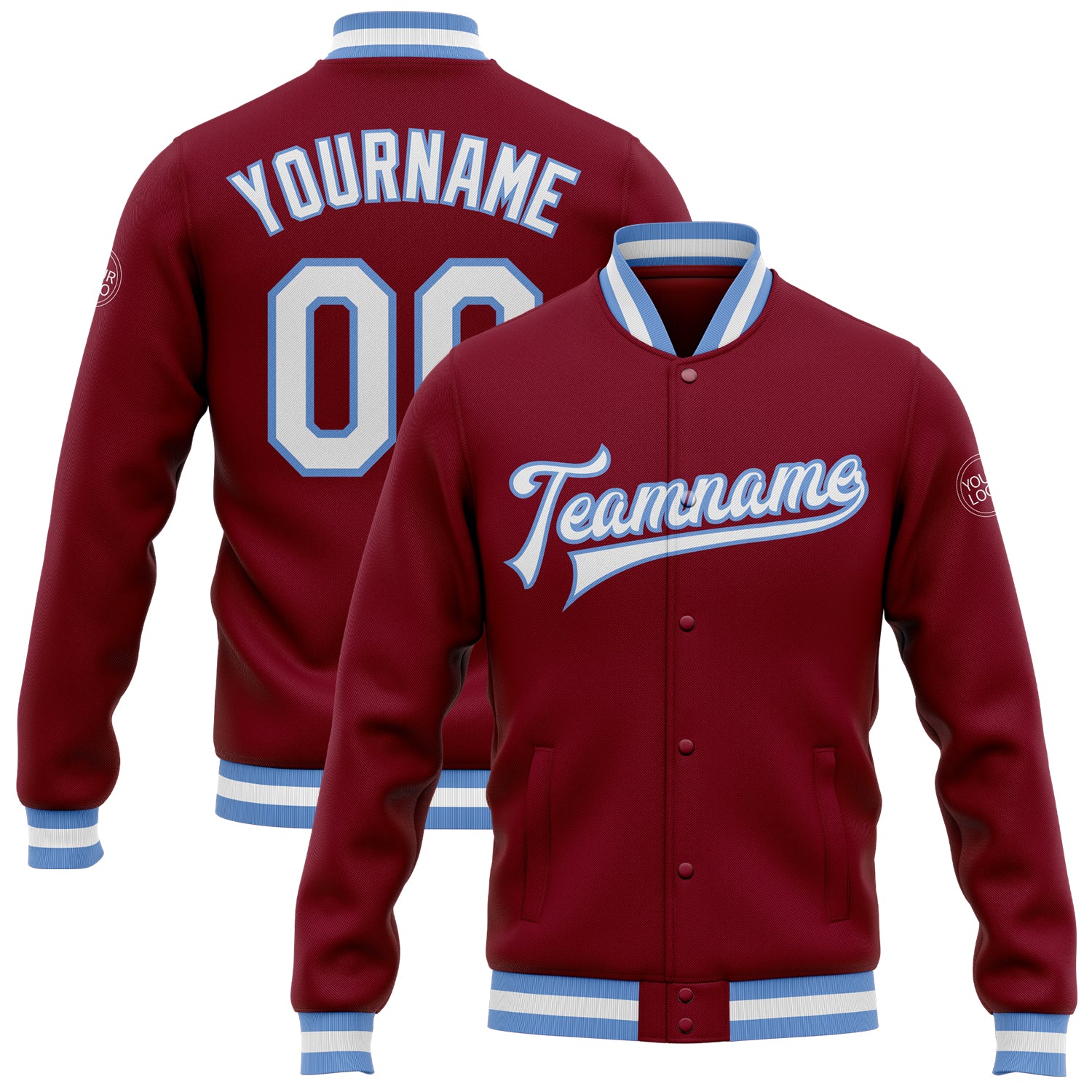 Custom Name & Number Crimson White-Light Blue Varsity Letterman Bomber Jacket - Personalized Full-Snap Style Personalized