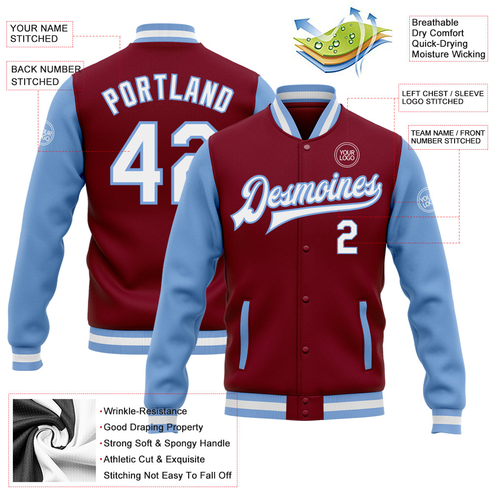 Personalized Crimson & Light Blue Two-Tone Varsity Bomber Full-Snap Jacket Personalized Crimson White-Light Blue Bomber Full-Snap - Image 5