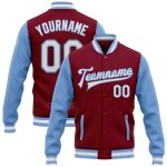 Custom Team Name Number Two Tone Bomber Jacket - Crimson White Light Blue Full-Snap Varsity Letterman Personalized Crimson