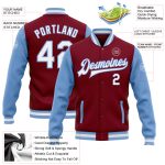 Custom Team Name Number Two Tone Bomber Jacket - Crimson White Light Blue Full-Snap Varsity Letterman Personalized Crimson