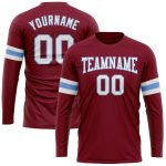Custom Team Name Number Long Sleeve Performance T-Shirt - Personalized Crimson White Light Blue Personalized Crimson White-Light