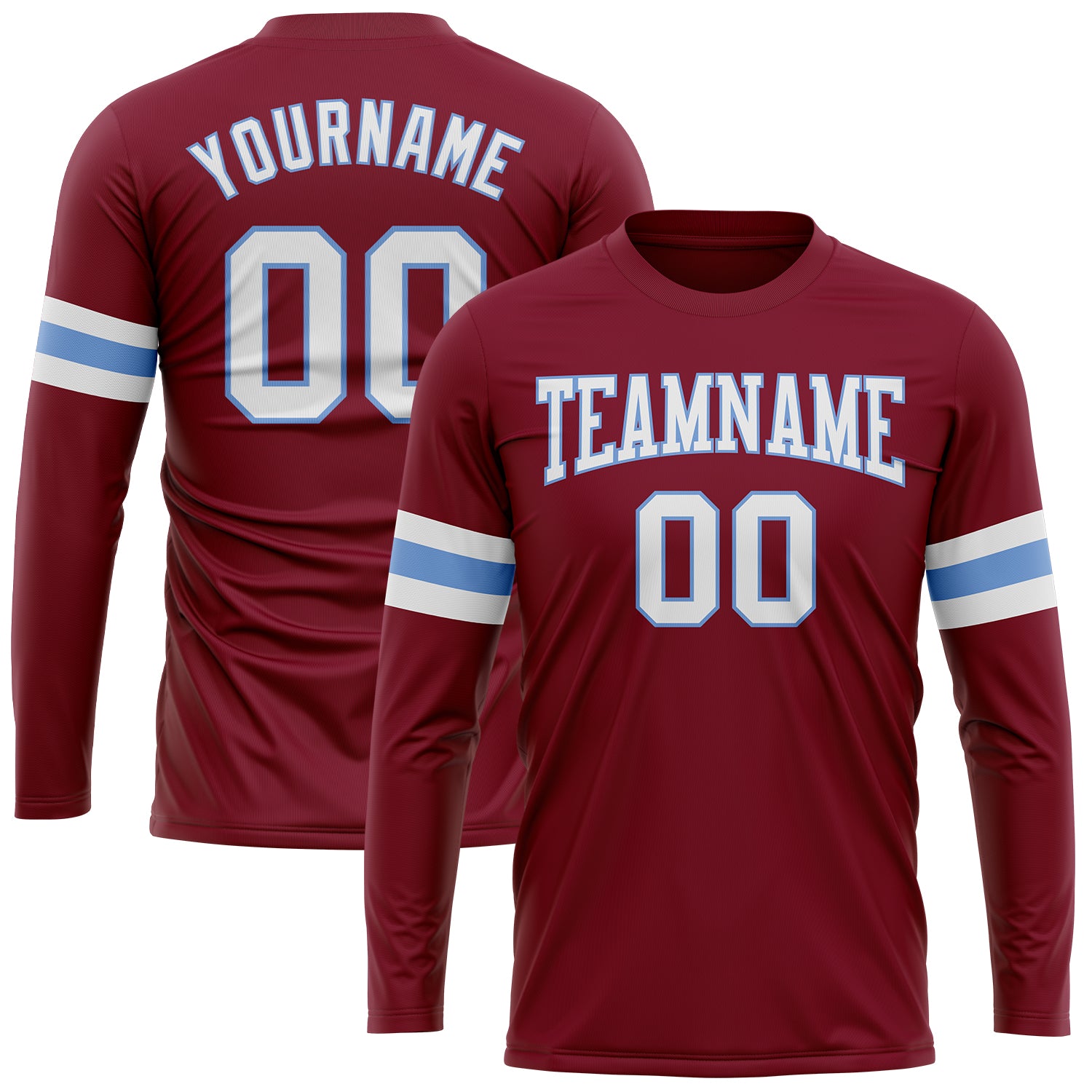 Custom Team Name Number Long Sleeve Performance T-Shirt - Personalized Crimson White Light Blue Personalized Crimson White-Light