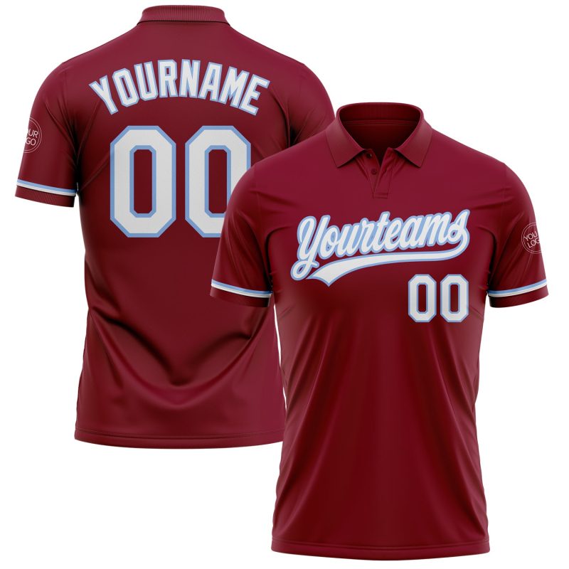 Custom Team Name Number Performance Vapor Golf Polo Shirt - Personalized Crimson White Light Blue Personalized Crimson White-Light