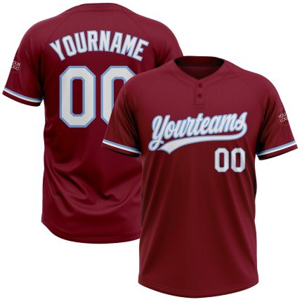 Personalized Unisex Softball Jersey in Crimson, White & Light Blue - Two-Button Design Personalized Crimson White-Light Blue