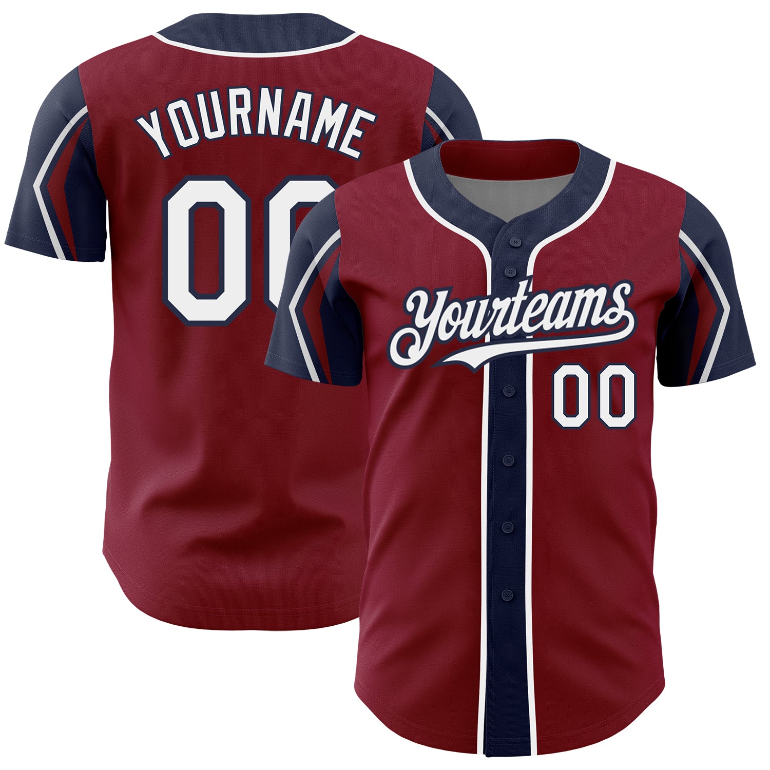 Personalized Authentic Baseball Jersey in Crimson White Navy - Custom Team Name & Number, 3 Color Arm Shapes Personalized