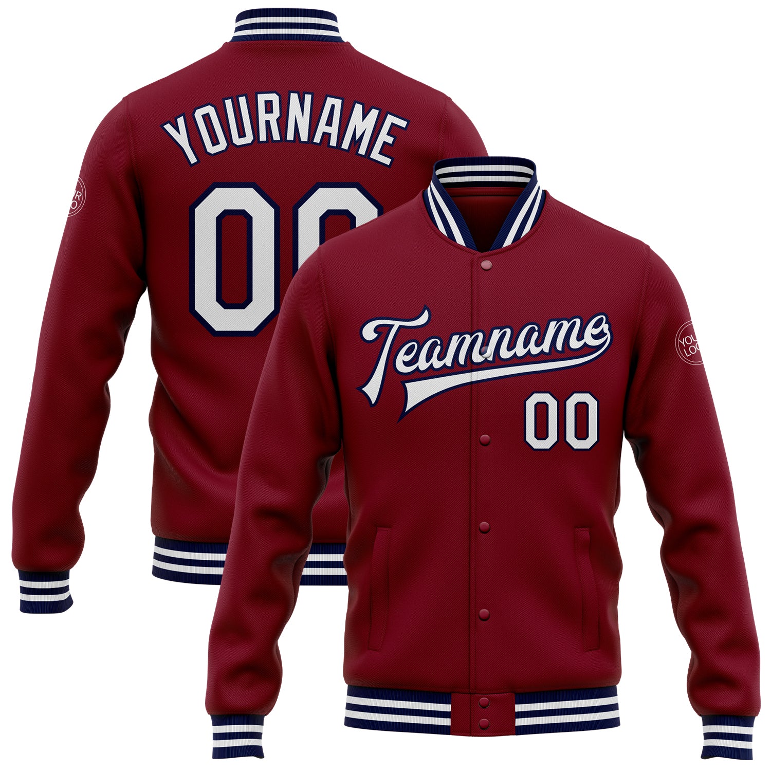 Custom Name Number Crimson White-Navy Varsity Letterman Bomber Jacket - Personalized Full-Snap Team Jacket Personalized Crimson