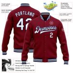 Custom Name Number Crimson White-Navy Varsity Letterman Bomber Jacket - Personalized Full-Snap Team Jacket Personalized Crimson