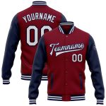 Custom Team Name Number Crimson White Navy Bomber Varsity Letterman Jacket Full-Snap Two Tone Personalized Crimson White-Navy