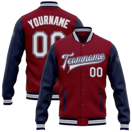 Personalized Two Tone Varsity Letterman Bomber Jacket - Crimson White Navy Gray Full-Snap Personalized Crimson White Navy-Gray