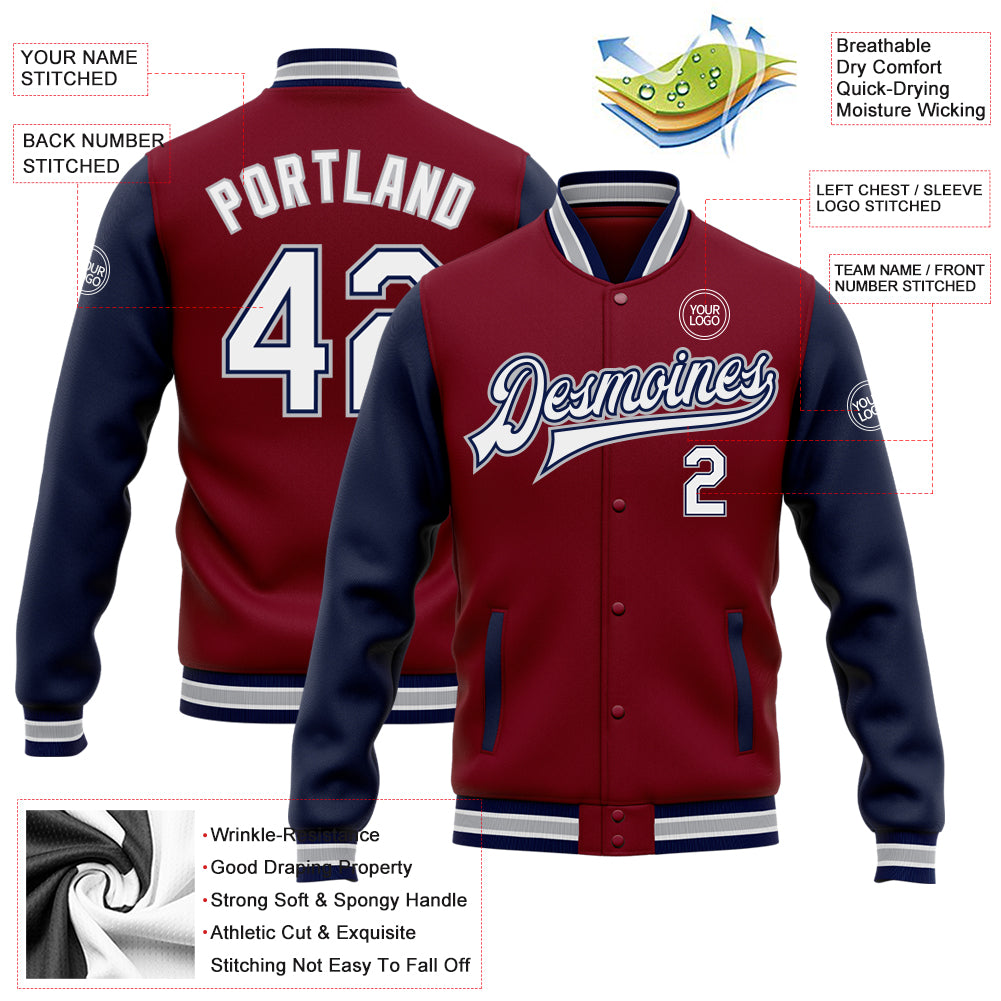 Personalized Crimson White Navy-Gray Bomber Full-Snap Varsity Letterman Two Tone Jacket Team Custom Name and Number Custom Name Number Bomber Jacket Crimson White Navy Gray Varsity Letterman Full-Snap Two Tone Personalized Team Apparel Personalized - Image 3