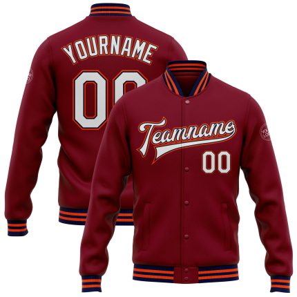 Custom Team Name and Number Crimson White Navy-Orange Varsity Letterman Bomber Full-Snap Jacket Personalized Crimson White