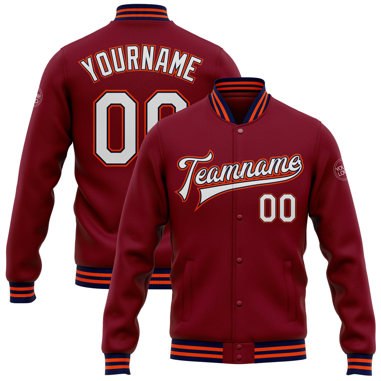 Custom Team Name and Number Crimson White Navy-Orange Varsity Letterman Bomber Full-Snap Jacket Personalized Crimson White