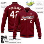 Custom Team Name and Number Crimson White Navy-Orange Varsity Letterman Bomber Full-Snap Jacket Personalized Crimson White