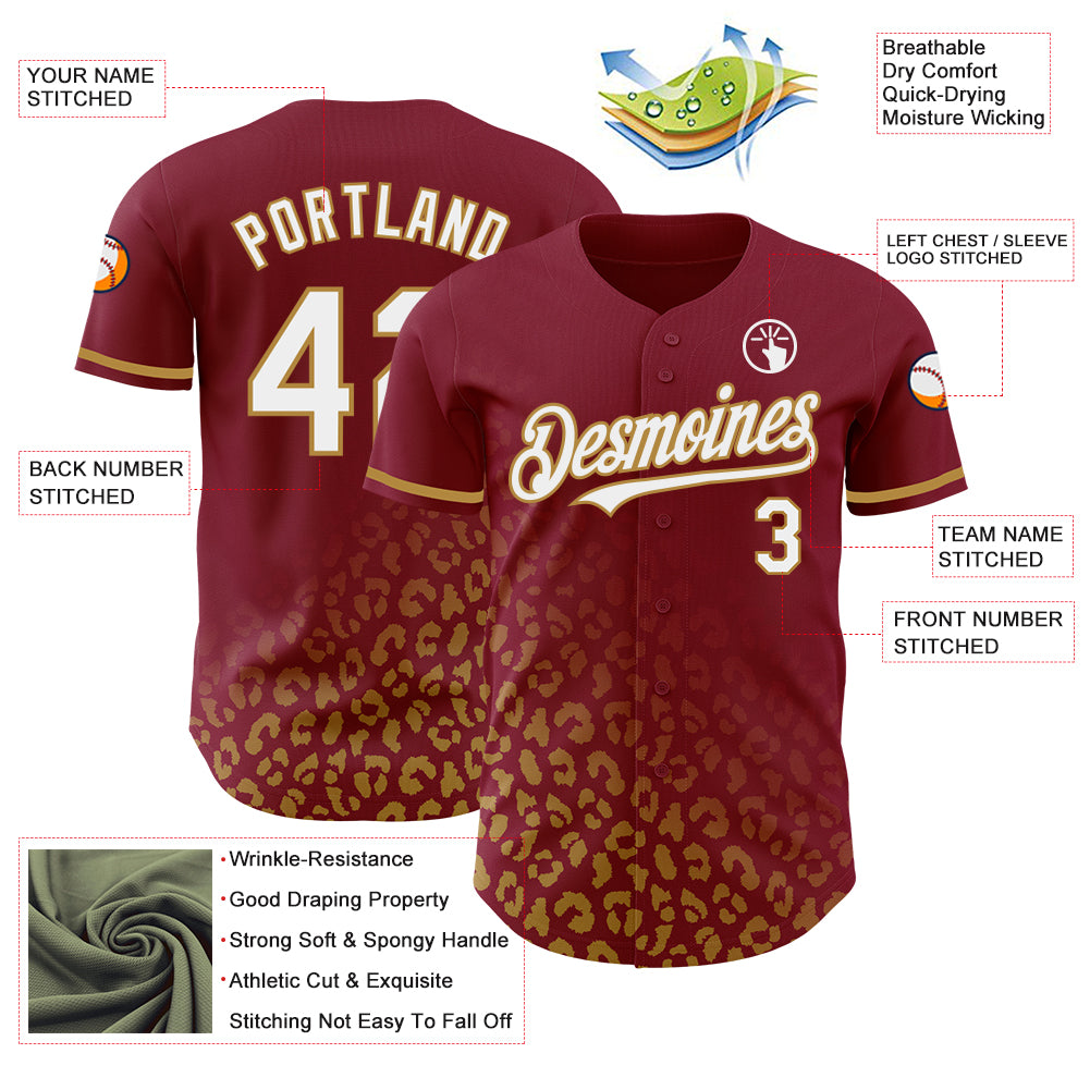 Personalized 3D Leopard Print Baseball Jersey in Crimson and Old Gold Style Personalized Crimson White-Old Gold 3D Leopard - Image 3