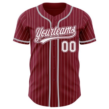 Personalized Gray Baseball Jersey with Crimson White Pinstripes Personalized Crimson White Pinstripe Gray Baseball Jersey