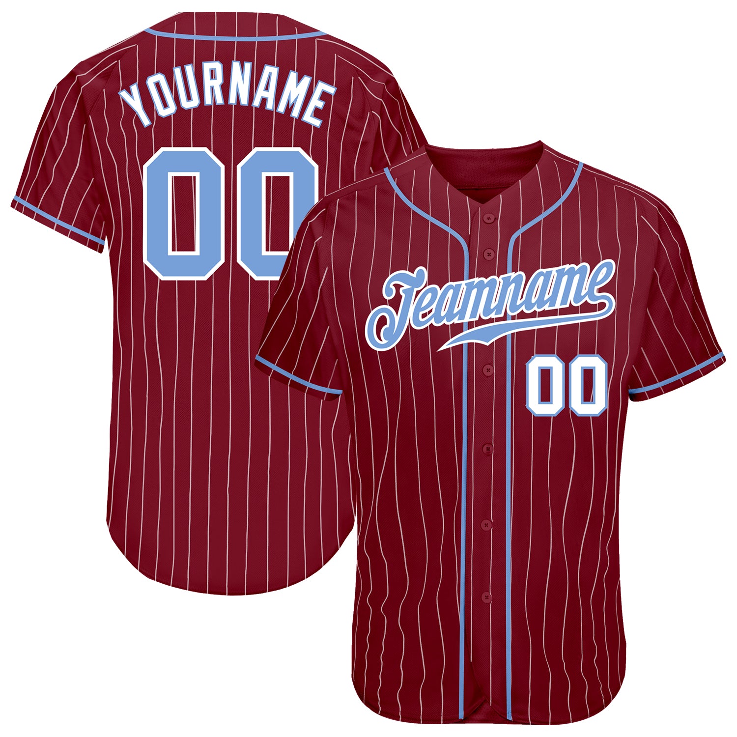 Custom Personalized Baseball Jersey with Crimson White Pinstripe in Light Blue and White - Authentic Team Name & Number Personalized