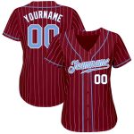 Custom Personalized Baseball Jersey with Crimson White Pinstripe in Light Blue and White - Authentic Team Name & Number Personalized
