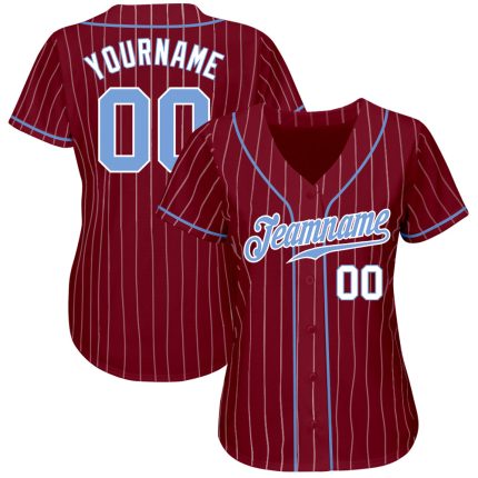 Personalized Light Blue White Pinstripe Baseball Jersey - Crimson and White Personalized Crimson White Pinstripe Light Blue-White