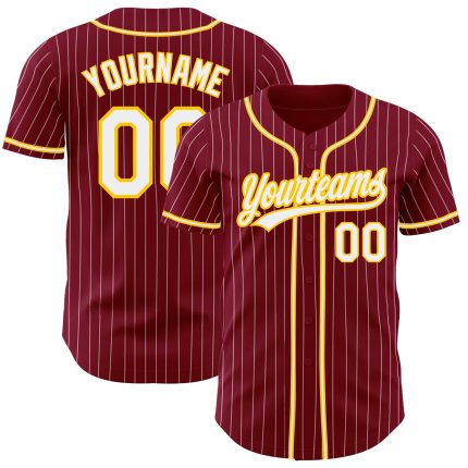 Personalized Crimson White Baseball Jersey - White-Gold Pinstripe Design Personalized Crimson White Pinstripe White-Gold