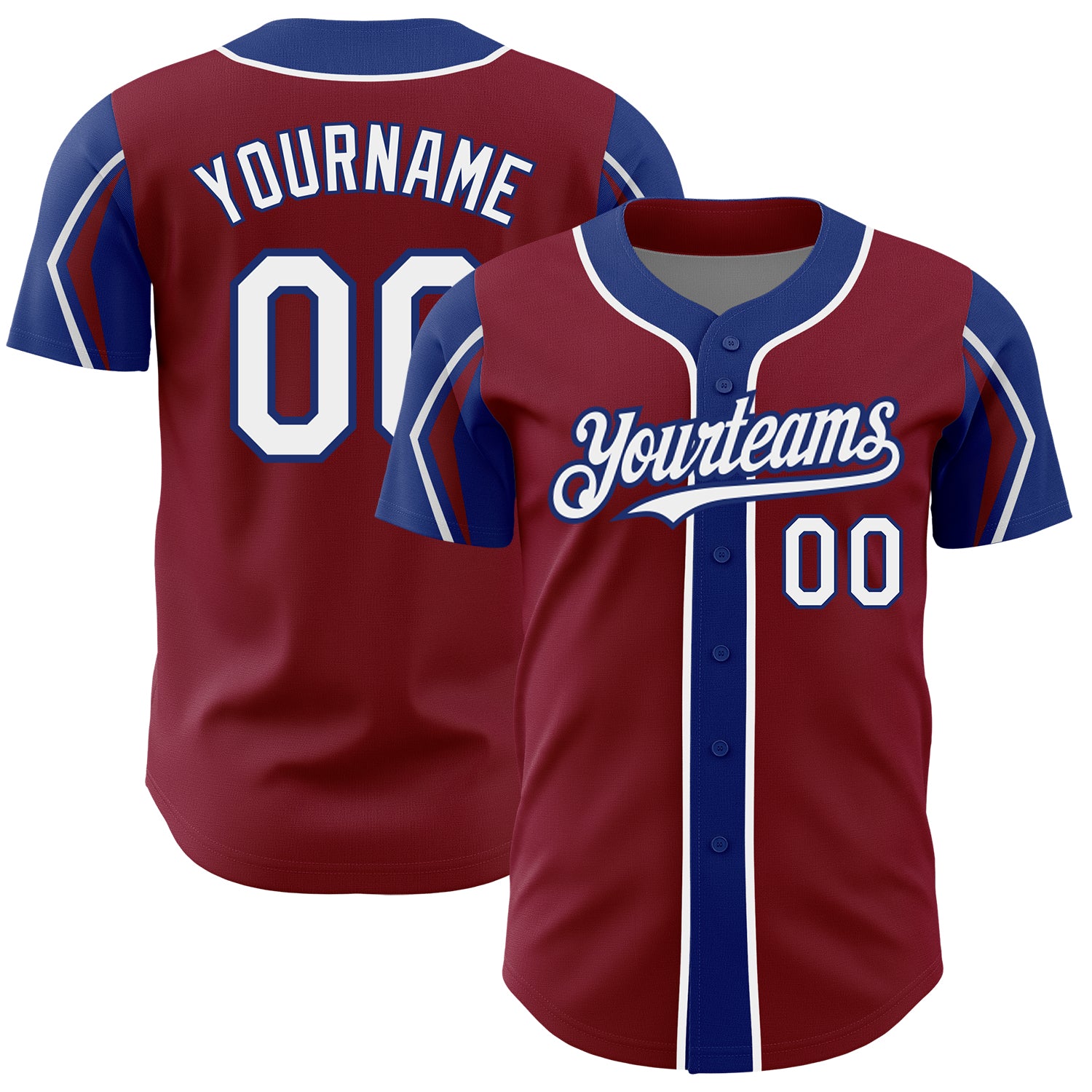 Personalized Crimson White-Royal Baseball Jersey with Arm Shapes in 3 Colors Personalized Crimson White-Royal 3 Colors Arm