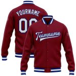 Custom Team Bomber Jacket with Name and Number in Crimson White-Royal Varsity Style Full-Snap Letterman Personalized Crimson