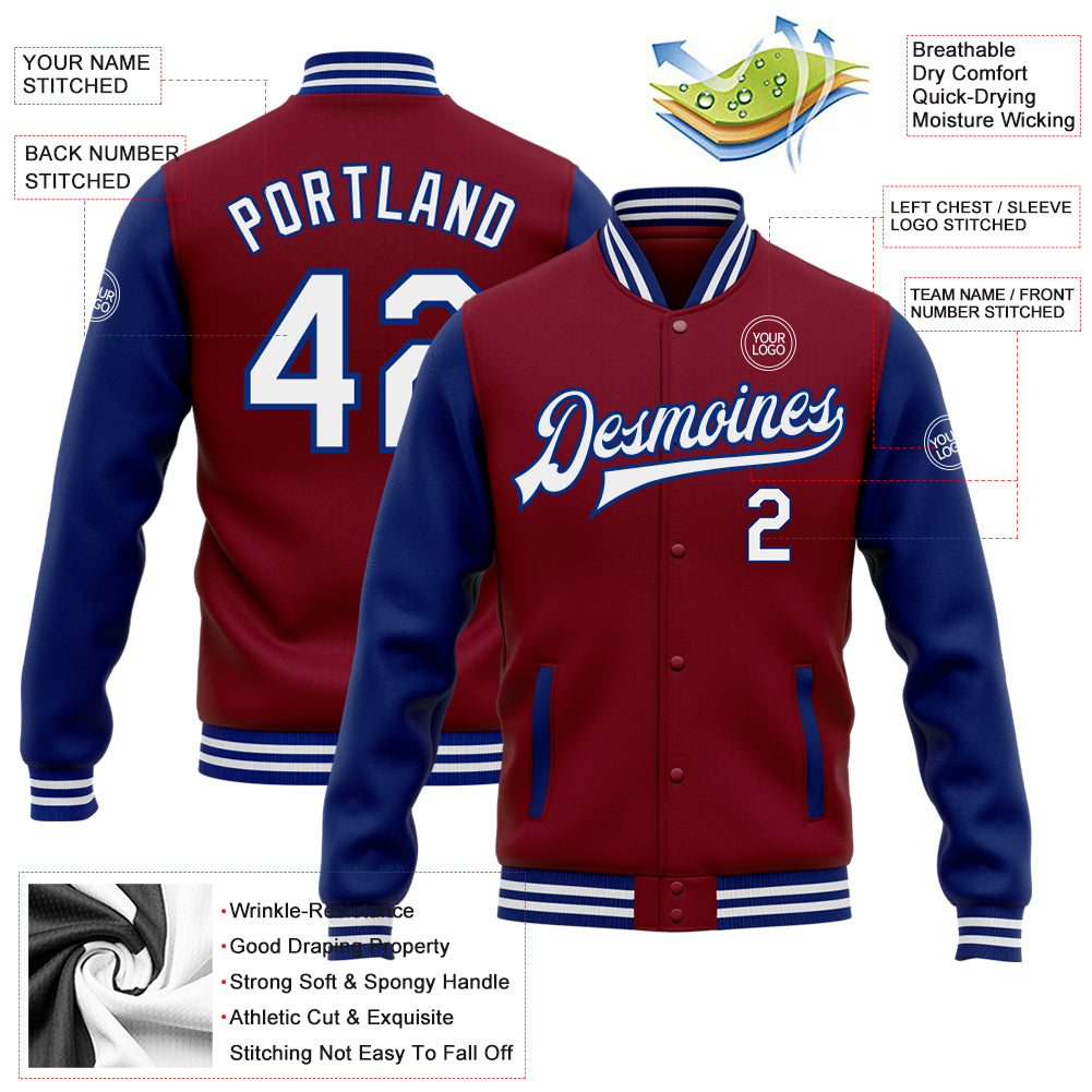 Personalized Two Tone Bomber Varsity Letterman Jacket in Crimson White-Royal Personalized Crimson White-Royal Bomber Full-Snap - Image 5