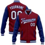 Custom Team Jacket with Name and Number - Crimson White-Royal Full-Snap Bomber Varsity Letterman Two Tone Personalized Crimson