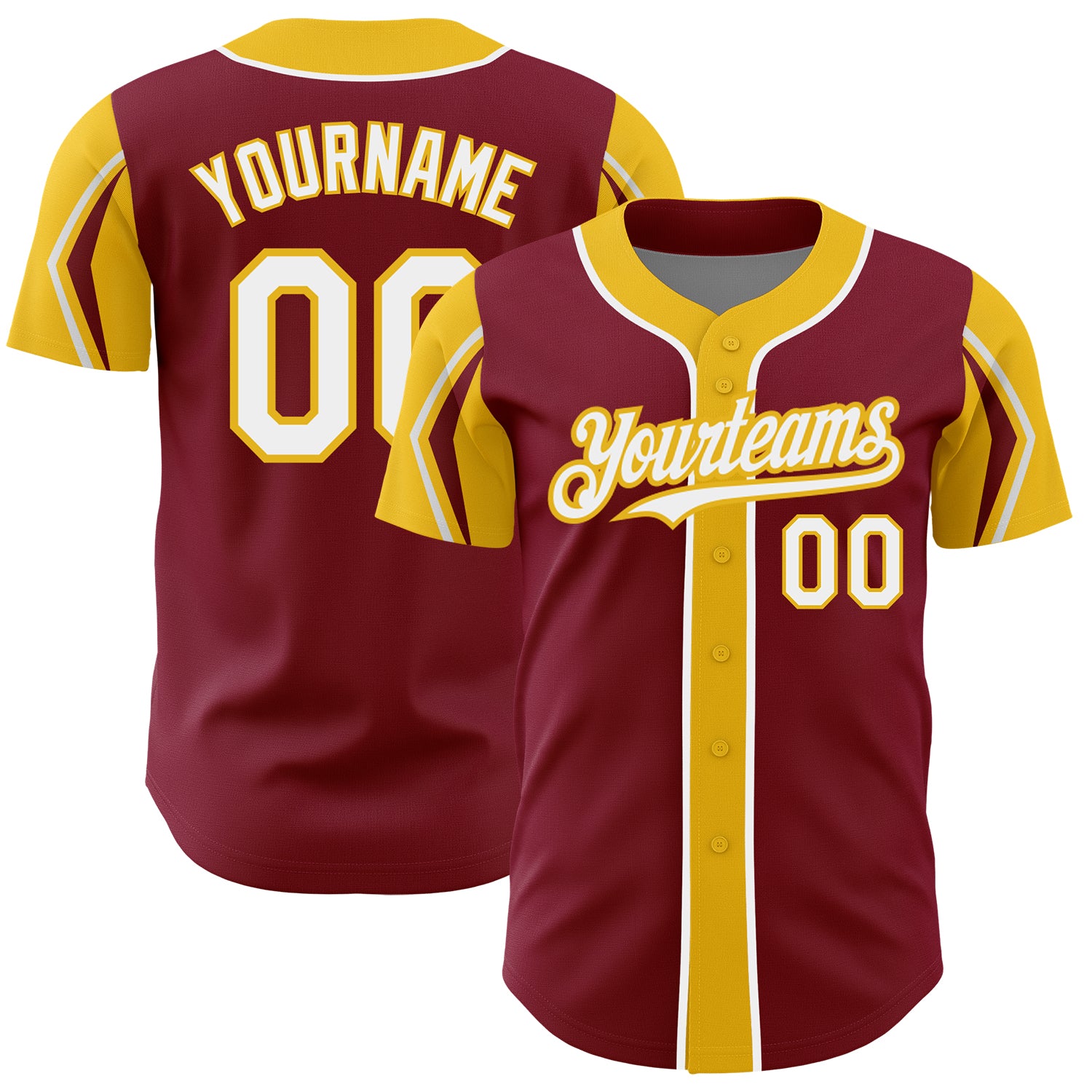 Custom Baseball Jersey with Personalized Name & Number in Crimson White-Yellow Arm Shapes - 3 Colors Available Personalized