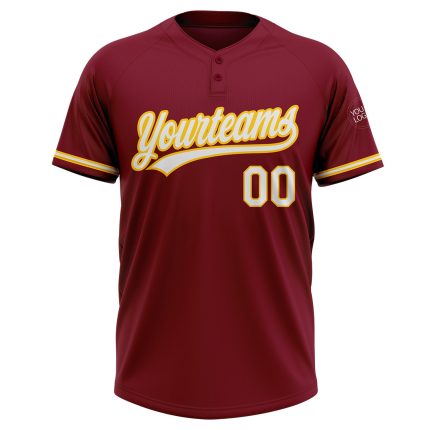 Custom Name Number Unisex Softball Jersey - Personalized Crimson White-Yellow Two-Button Design Personalized Crimson White-Yellow