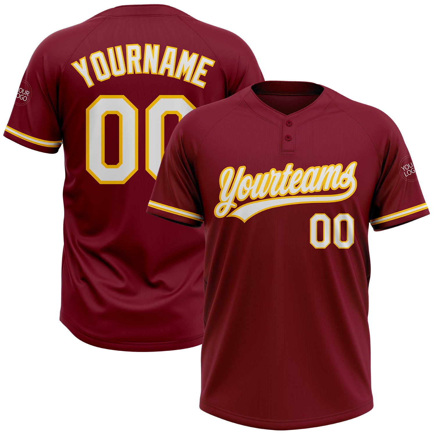 Custom Name Number Unisex Softball Jersey - Personalized Crimson White-Yellow Two-Button Design Personalized Crimson White-Yellow