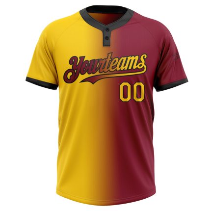 Personalized Unisex Softball Jersey - Crimson Yellow-Black Gradient, Fashionable Two-Button Design Personalized Crimson Yellow-Black
