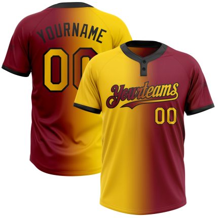 Personalized Unisex Softball Jersey - Crimson Yellow-Black Gradient, Fashionable Two-Button Design Personalized Crimson Yellow-Black