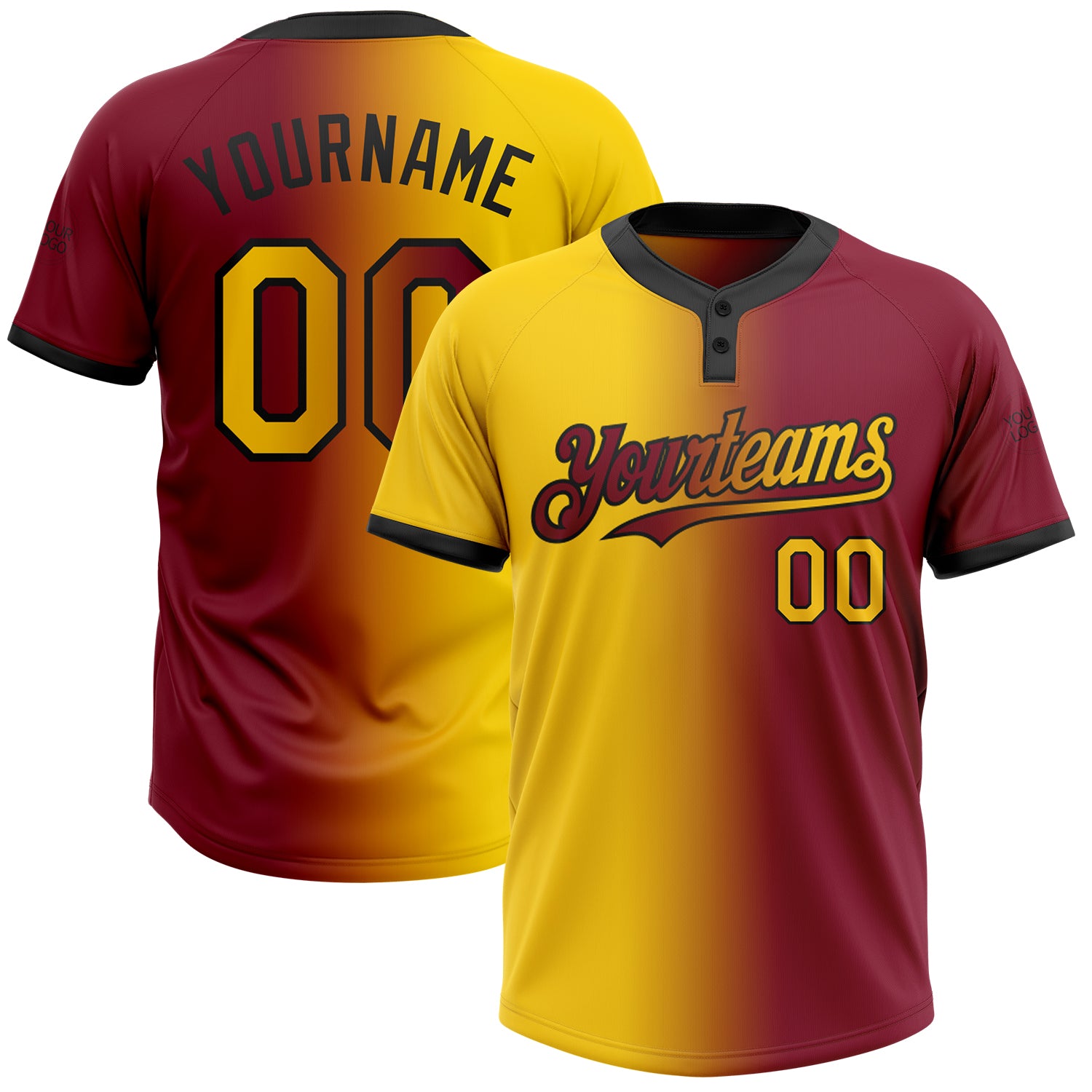 Custom Name and Number Unisex Softball Jersey - Personalized Two-Button Gradient Design in Crimson Yellow-Black Personalized