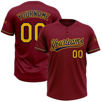Personalized Softball Jersey in Crimson Yellow-Navy, Unisex, Two-Button Design Personalized Crimson Yellow-Navy Two-Button