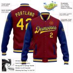Personalized Varsity Letterman Bomber Jacket in Crimson Yellow-Royal Two Tone Full-Snap Design Personalized Crimson Yellow-Royal