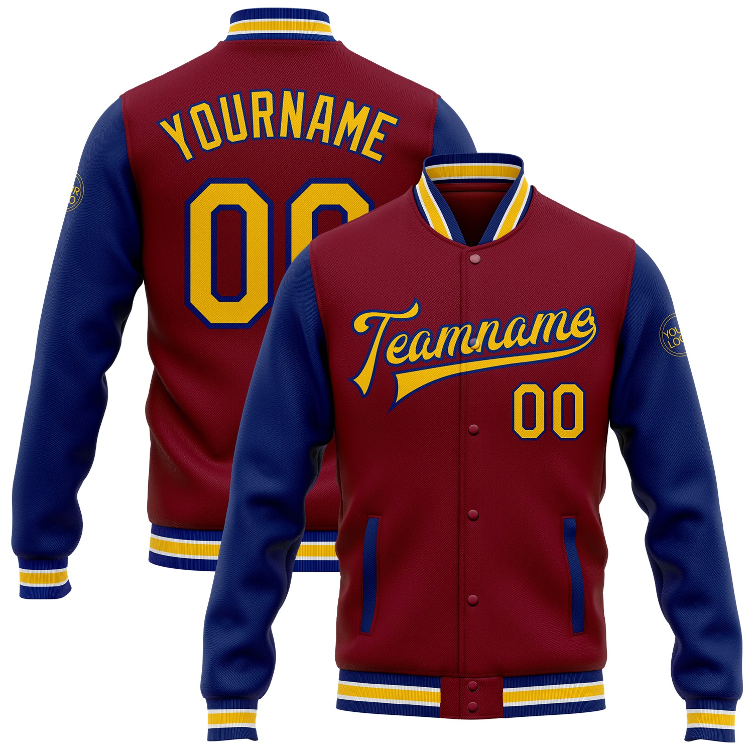 Custom Team Name Number Crimson Yellow-Royal Two-Tone Varsity Bomber Full-Snap Letterman Jacket Personalized Crimson Yellow-Royal