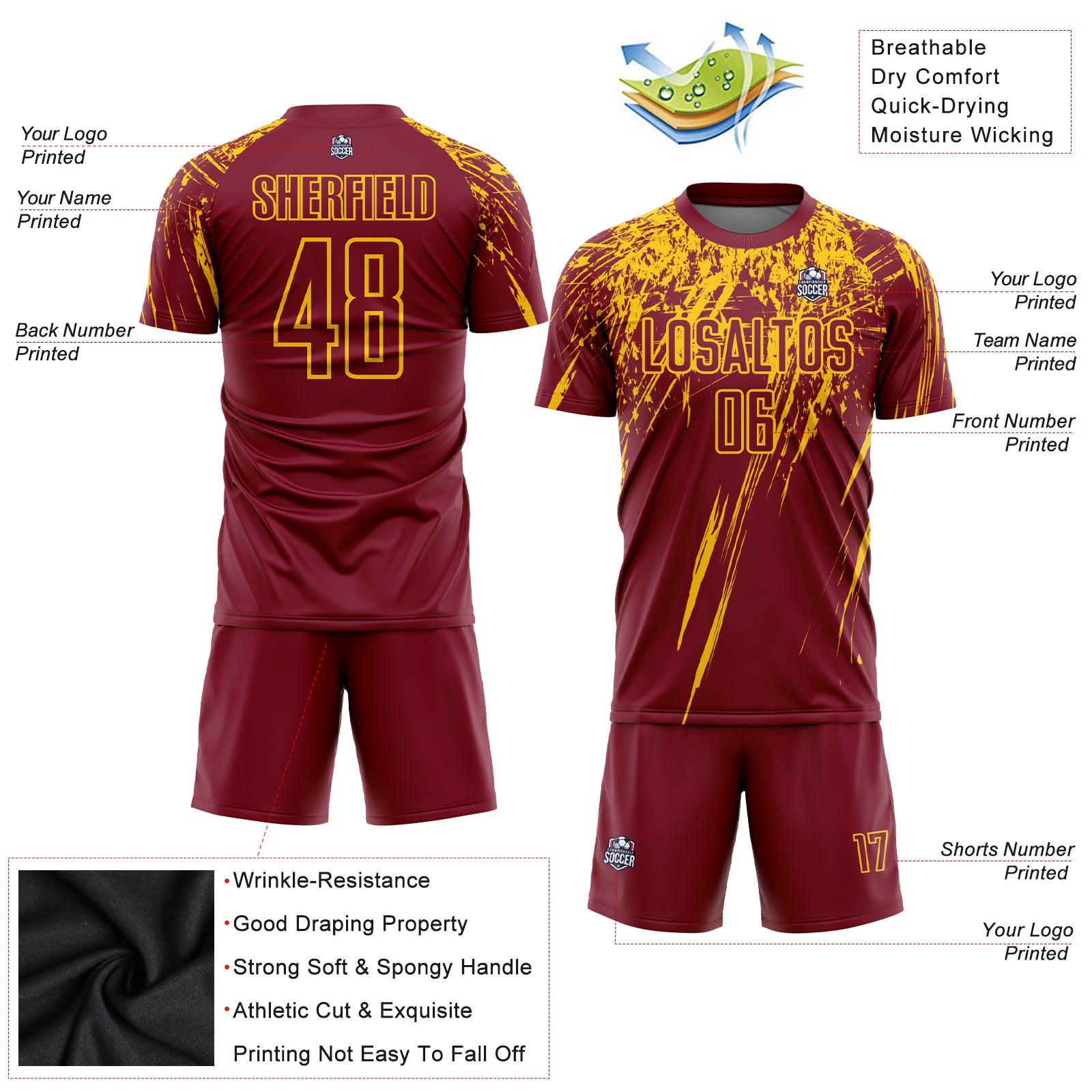 Personalized Crimson Yellow Sublimation Soccer Uniform Jersey Personalized Sublimation Soccer Jersey - Crimson Yellow Uniform for Teams and Players Personalized Crimson Yellow Sublimation - Image 3