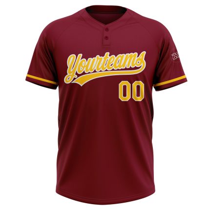 Personalized Two-Button Unisex Softball Jersey in Crimson Yellow and White Personalized Crimson Yellow-White Two-Button Unisex