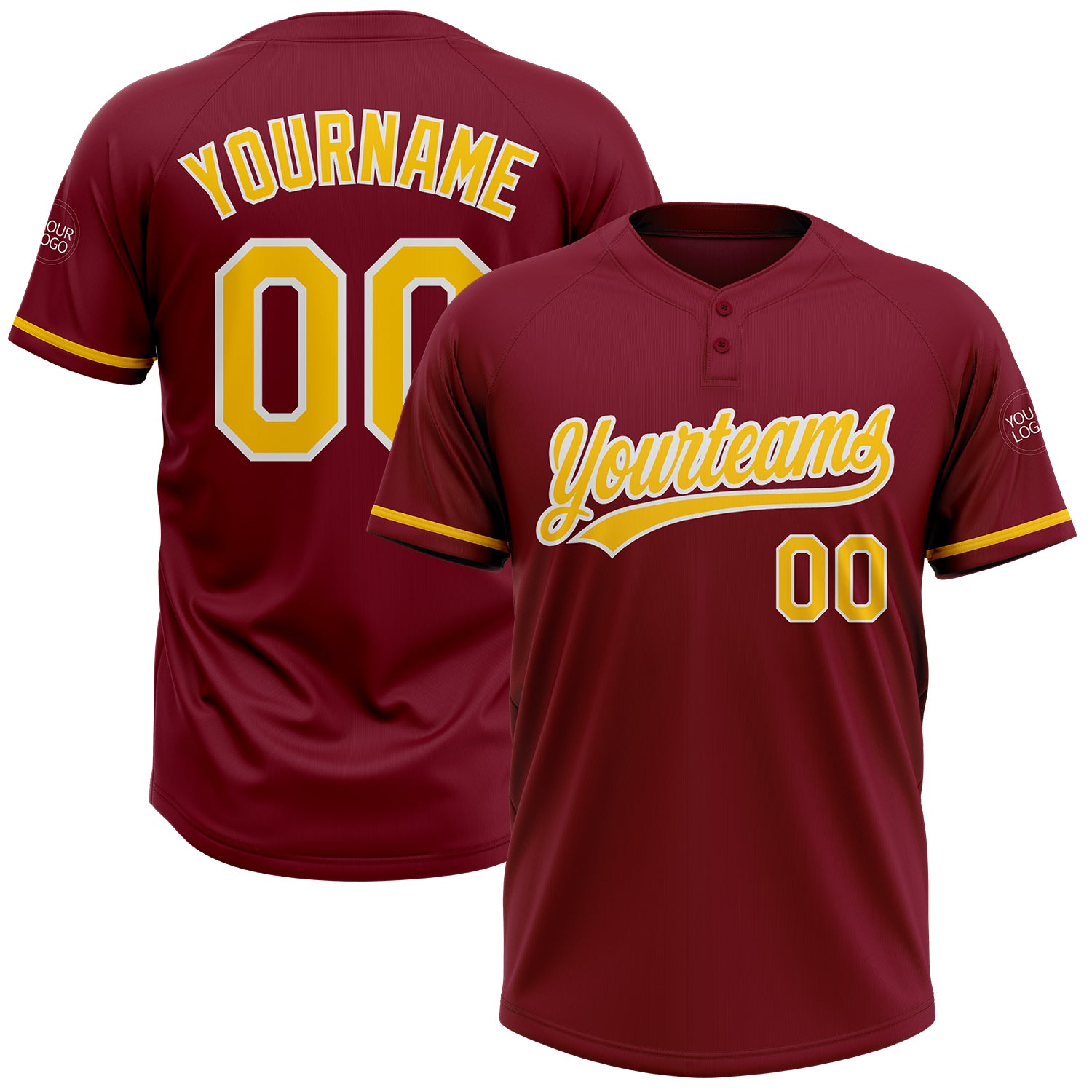Custom Unisex Softball Jersey with Personalized Name & Number - Crimson Yellow-White Two-Button Design Personalized Crimson