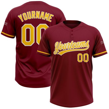Personalized Two-Button Unisex Softball Jersey in Crimson Yellow and White Personalized Crimson Yellow-White Two-Button Unisex