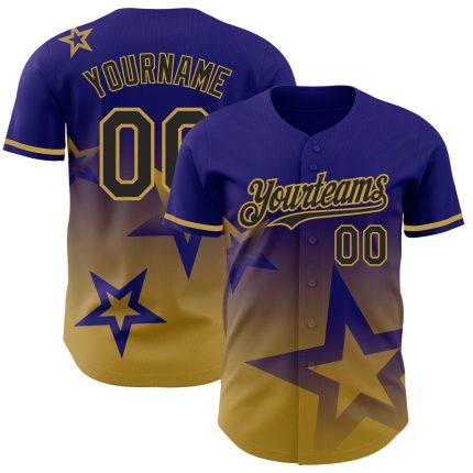 Personalized 3D Gradient Twinkle Star Baseball Jersey in Dark Purple and Gold Personalized Dark Purple Black-Old Gold 3D