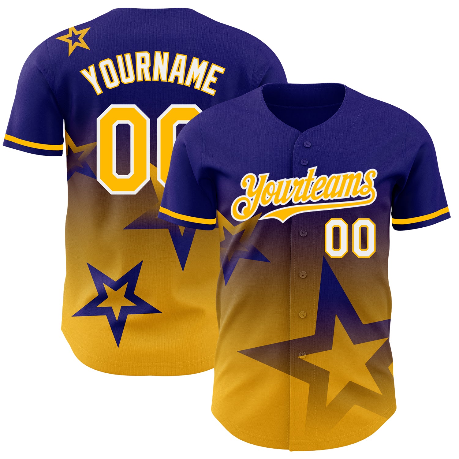 Custom Name Number Baseball Jersey Twinkle Star 3D Pattern Gradient Design Dark Purple Gold White Personalized Dark Purple