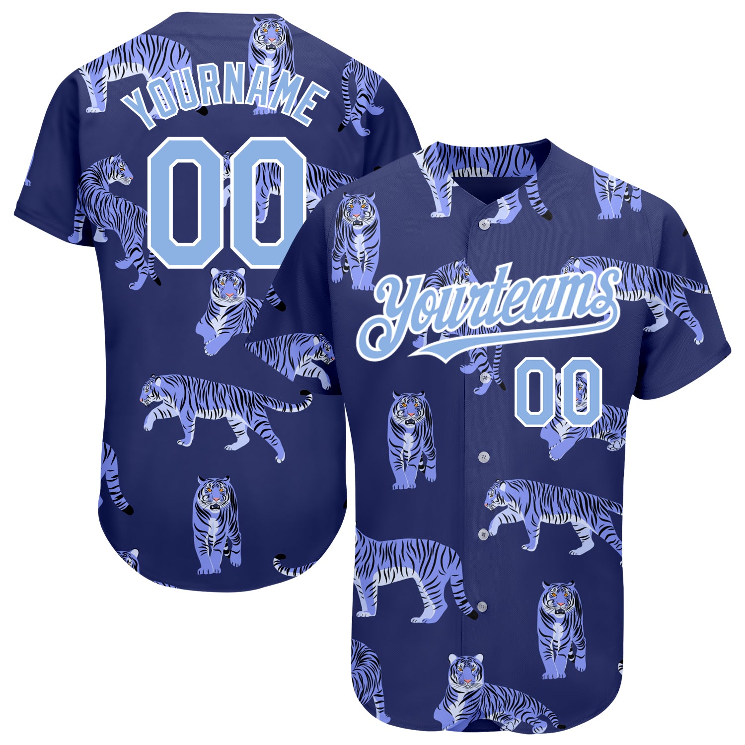 Customizable Tiger Baseball Jersey - Dark Purple & Light Blue White 3D Pattern, Personalized Name & Number Included Personalized