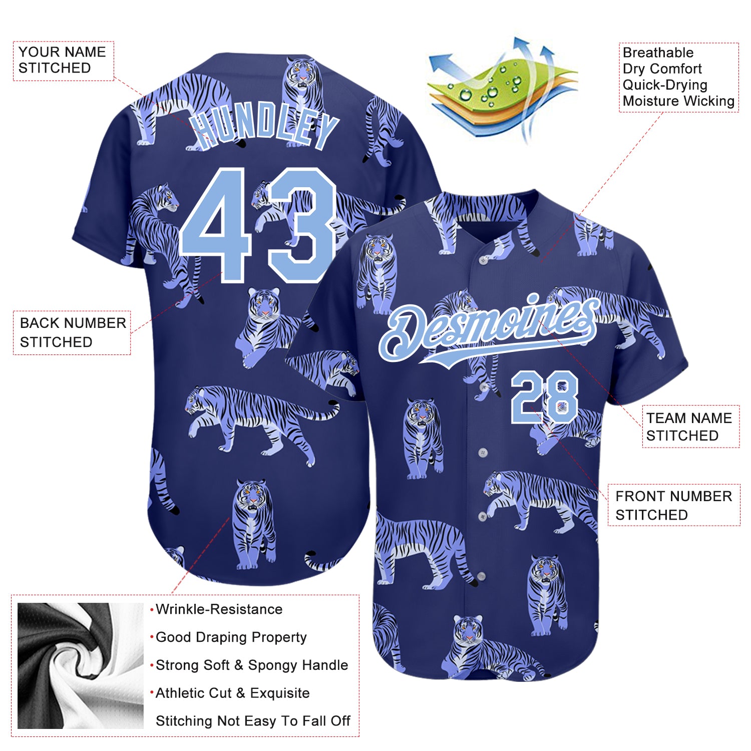 Personalized 3D Tiger Baseball Jersey - Dark Purple Light Blue-White Design Personalized Dark Purple Light Blue-White 3D - Image 3
