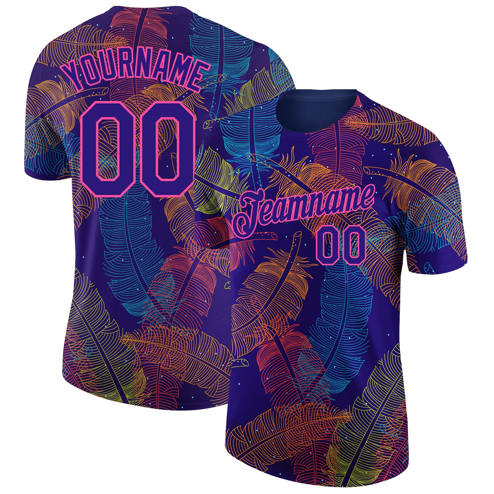 Custom Name Number T-Shirt for Team - Personalized 3D Pattern in Dark Purple Pink Feather Design Personalized Dark Purple