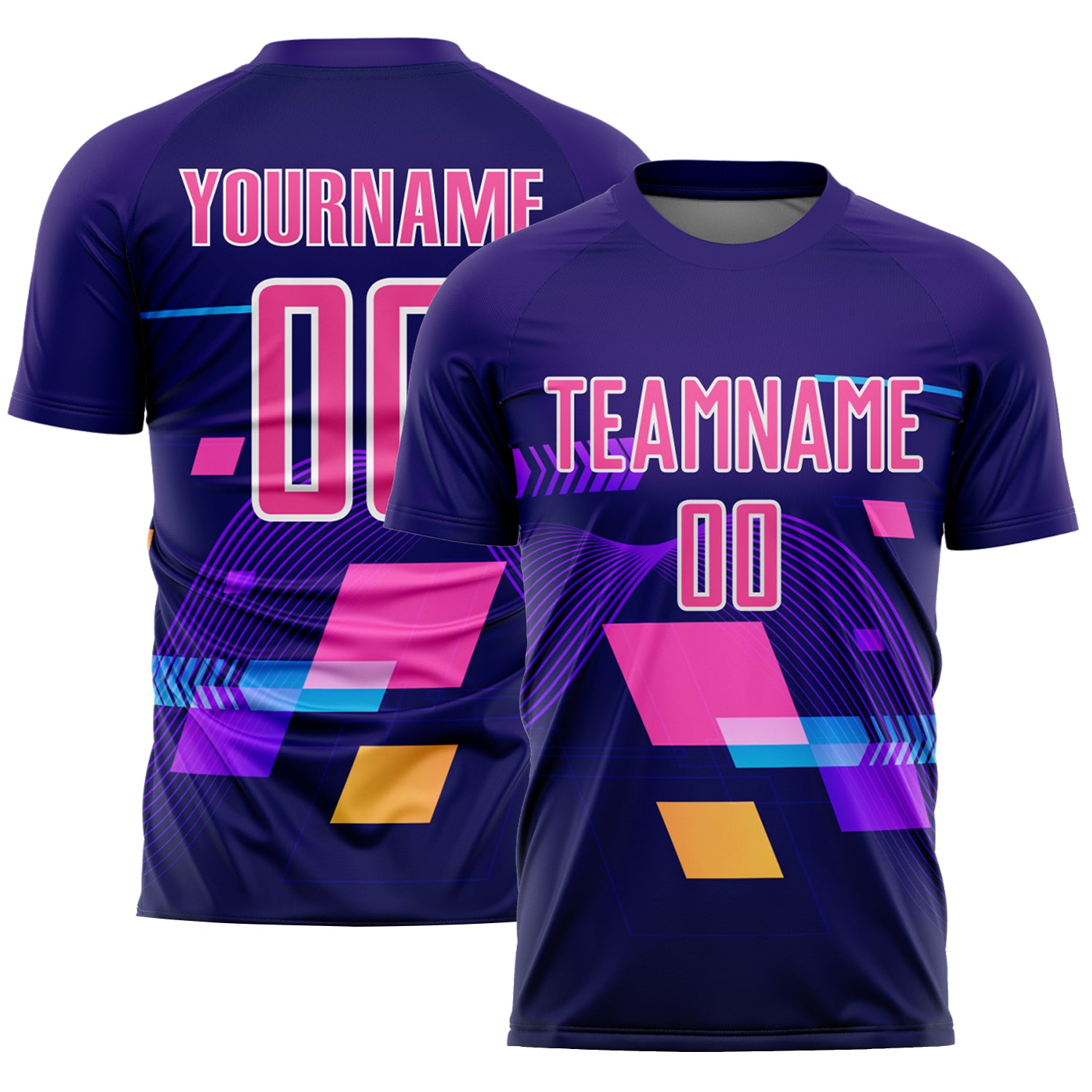 Custom Soccer Jersey with Name and Number - Personalized Dark Purple Pink-White Geometric Shapes Design Personalized Dark