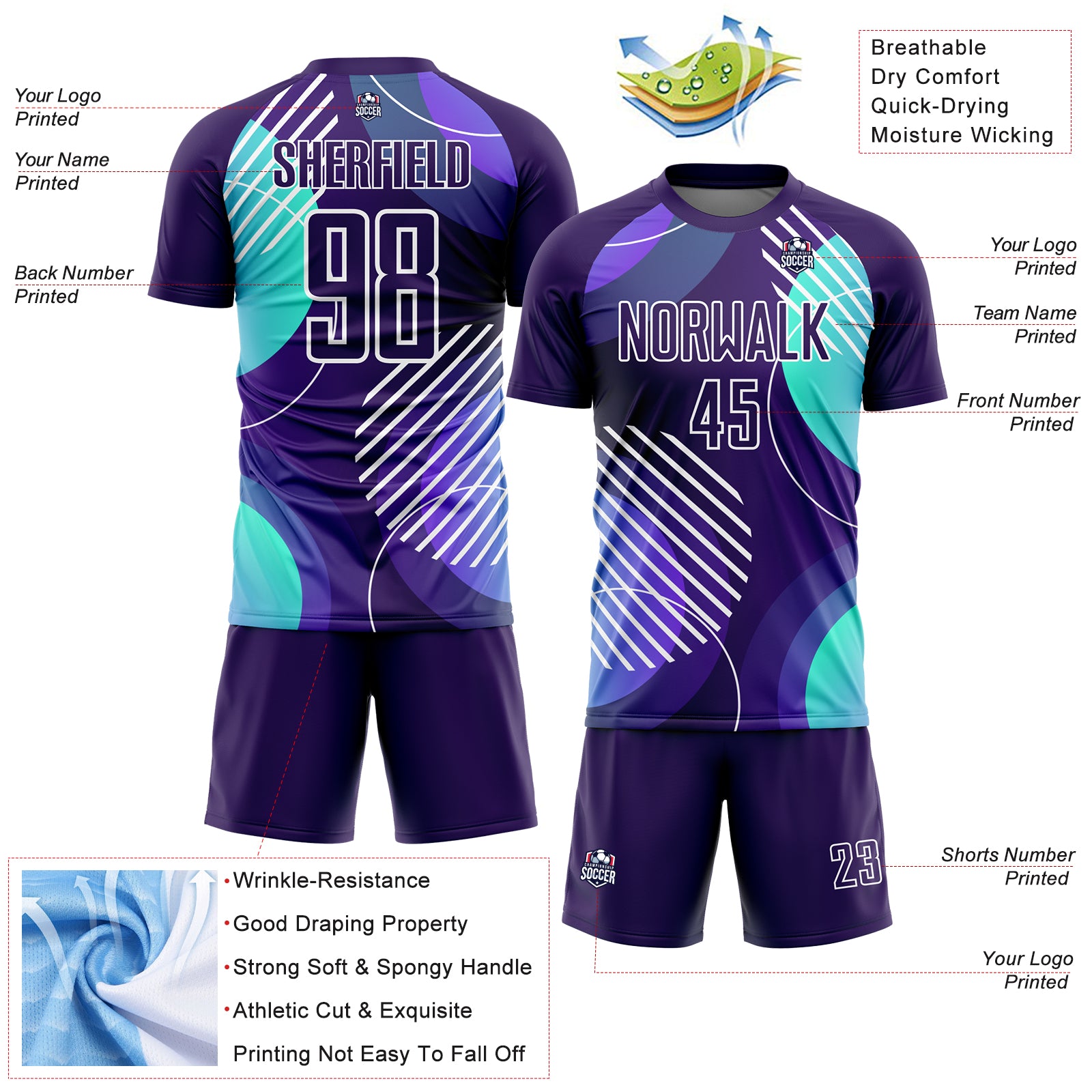 Personalized Dark Purple White Geometric Soccer Jersey Uniform - Custom Sublimation Design Personalized Dark Purple White - Image 4